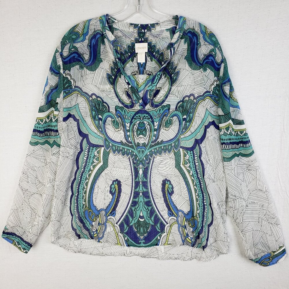 Chico's Tunic Top Popover Paisley Ethnic Bohemian Sheer size L Resortwear